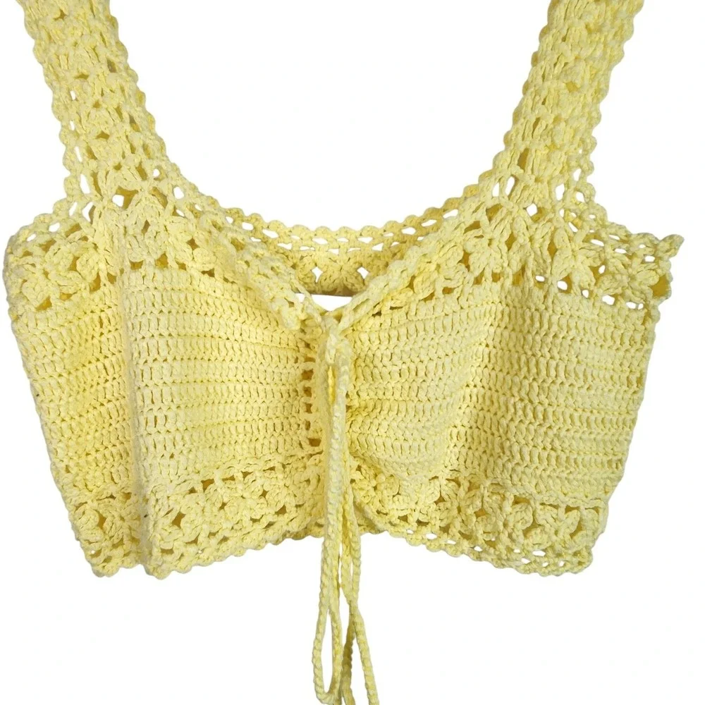 COTTON EMPORIUM Tank Top Womens Large Yellow Crochet Tie Front Crop Summer‎